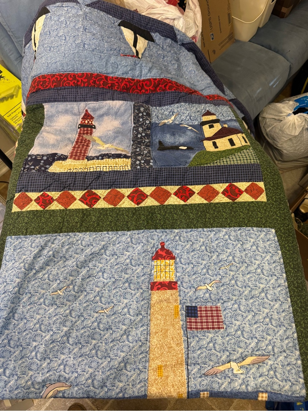Pam America King Lighthouse Quilt. Nautical Coastal Patchwork Bedding.